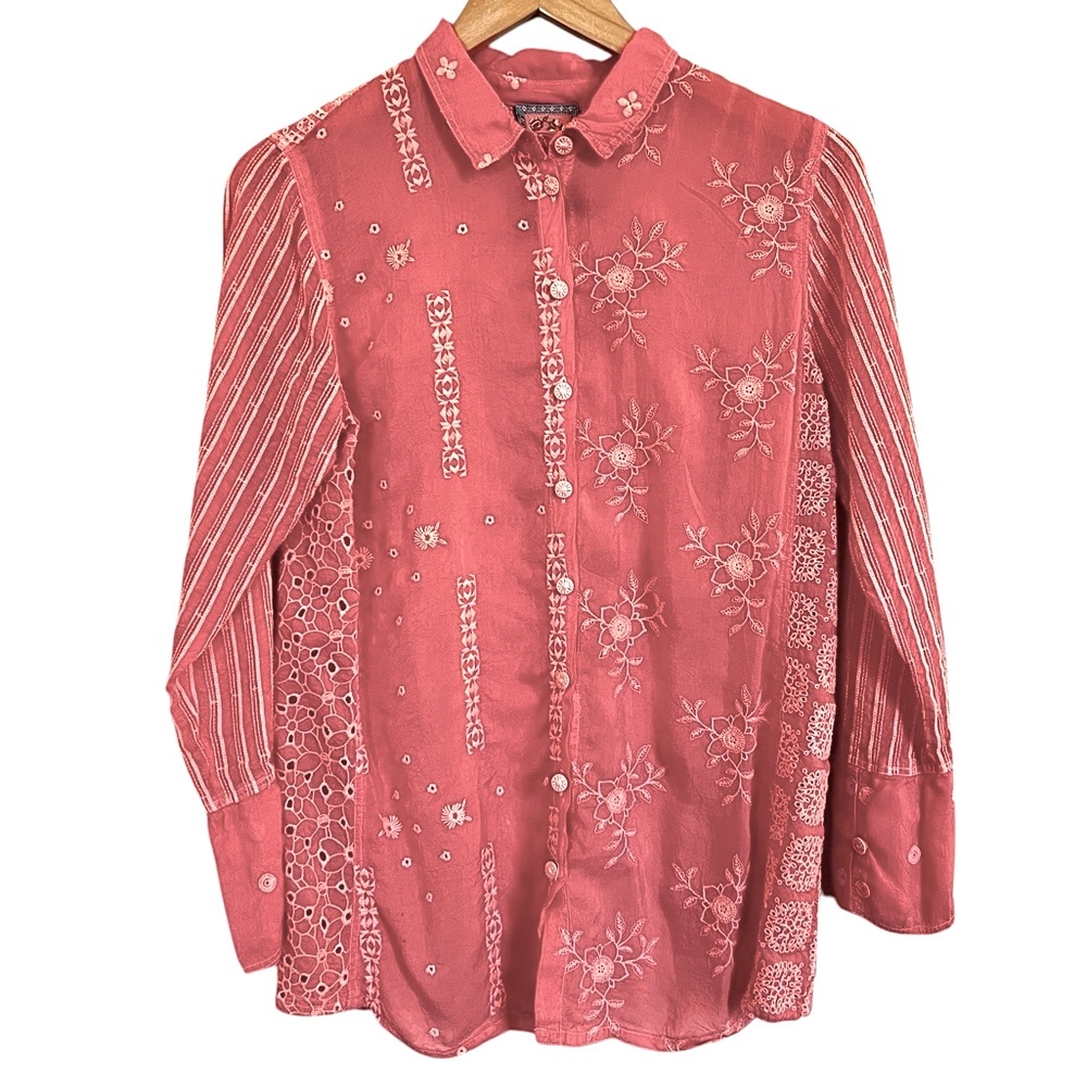 Johnny Was Pink Embroidered Button Down Shirt